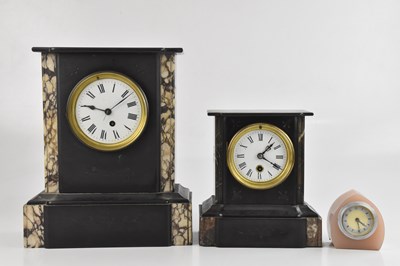 Lot 1183 - Two slate mantel clocks both with white enamel...