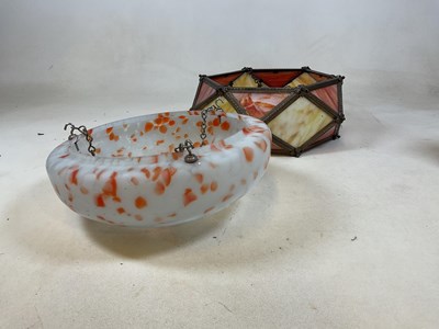 Lot 641 - Two glass Art Deco light fittings, a marbled...