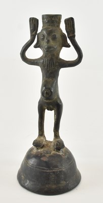 Lot 1058 - An African Benin bronze figural fertility bell,...