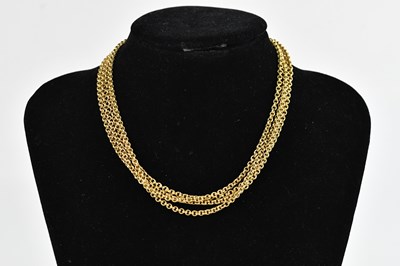 Lot 299 - A yellow metal unmarked fine link chain, tests...