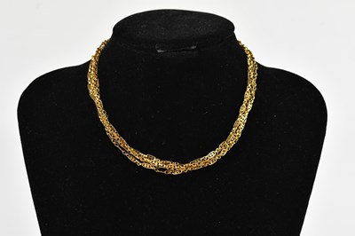Lot 319 - A yellow metal muff chain with pierced links,...