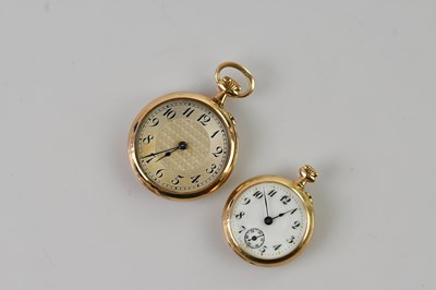 Lot 1140 - Two yellow metal crown wind fob watches, each...