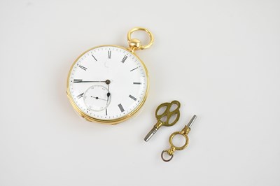 Lot 1134 - A yellow metal key wind open faced pocket...