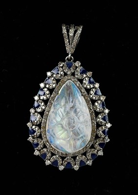 Lot 362 - A white metal diamond and moonstone pear...