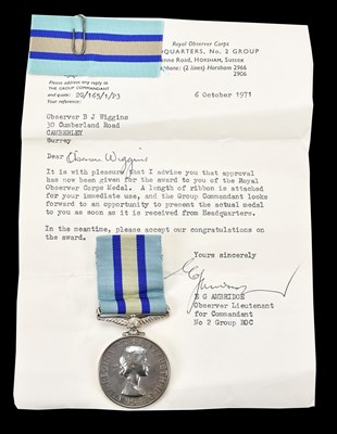 Lot 1150 - An Elizabeth II Royal Observer Corps Medal,...