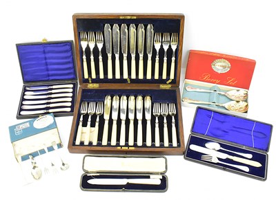 Lot 1112 - An oak cased set of fish knives and forks, a...