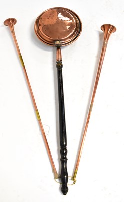Lot 528 - A copper warming pan and two copper hunting...