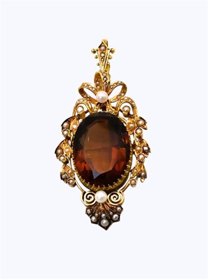 Lot 566 - A 20ct gold, pearl and diamond smoky quartz...