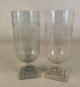 Lot 326 - A pair of engraved hurricane lamps, with...