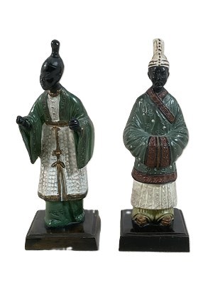 Lot 17 - A pair of Chinese painted metal figures in...