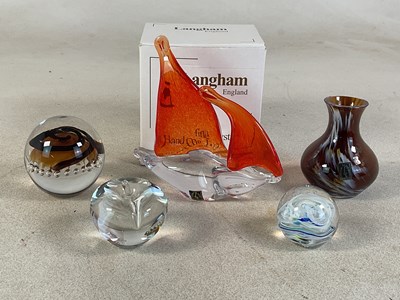 Lot 334 - LANGHAM; a glass sailing boat, a squat vase...