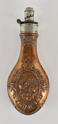Lot 433 - A large copper powder flask, with settings 2...