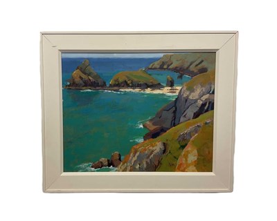 Lot 403 - NIGEL COX; oil on canvas, coastal scene,...
