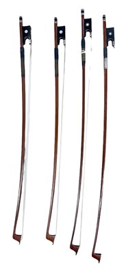 Lot 464 - Four assorted nickel mounted violin bows,...