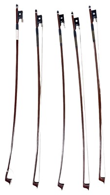 Lot 465 - Five French half-size nickel mounted violin...