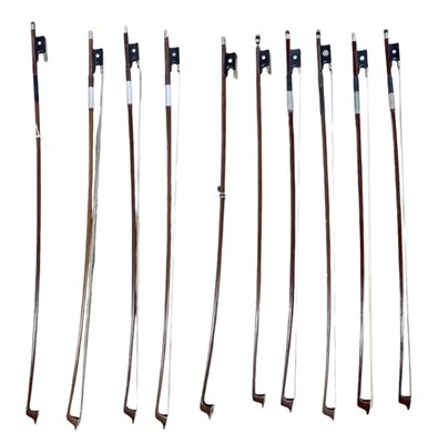 Lot 467 - Ten assorted French nickel mounted violin bows...