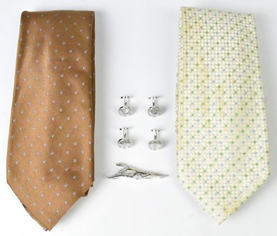 Lot 267 - DUNHILL; two silk ties, a silver tiepin,...