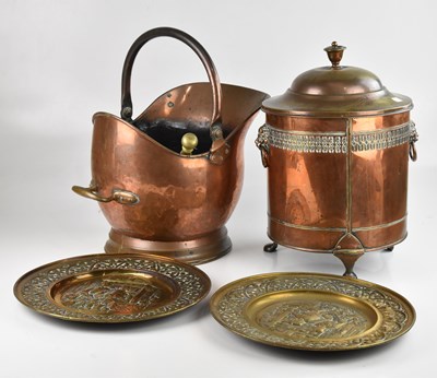 Lot 2335 - A copper coal scuttle, with hand iron cover...