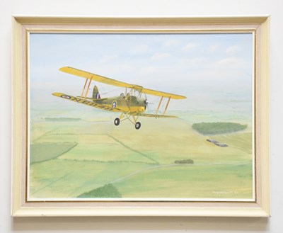 Lot 1669 - TOM WOOLLETT; oil on canvas, biplane, signed...