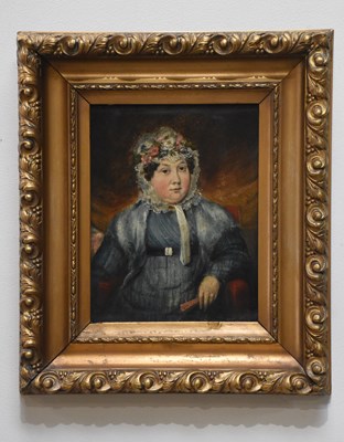 Lot 1661 - UNATTRIBUTED; oil on board, lady in blue dress...