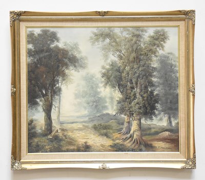 Lot 1724 - T DAWSON; oil on canvas, forest scene, signed...