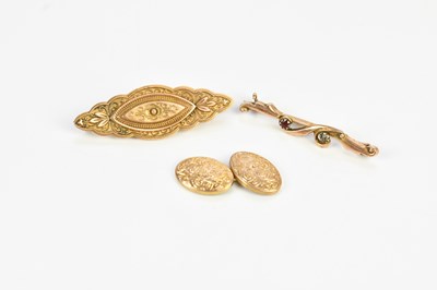 Lot 191 - A Victorian 9ct yellow gold brooch, a yellow...