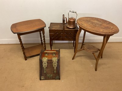 Lot 684 - Two oak occasional tables, and sewing box,...