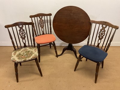 Lot 790 - Three stained oak wheel back chairs and a tilt...