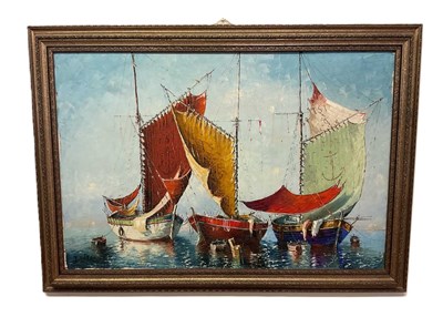 Lot 410 - VICTOR BRUZAC; oil on canvas, moored sailing...