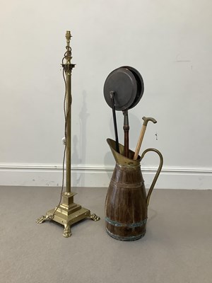 Lot 1295 - A coopered jug, copper warming pan, and a...