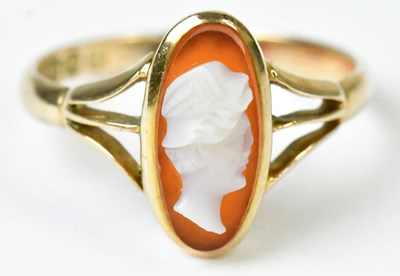 Lot 758 - A 9ct yellow gold ring set with a narrow oval...