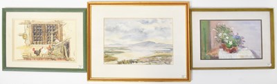Lot 425 - LA EVANS; two watercolours, potted plants on a...