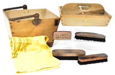 Lot 214 - A vintage wooden shoe cleaning kit, with brushes.