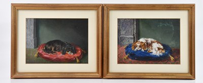 Lot 1514 - E F HOLT; a pair of oils on board, spaniels...