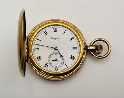 Lot 634 - WALTHAM; a gold plated full hunter pocket...