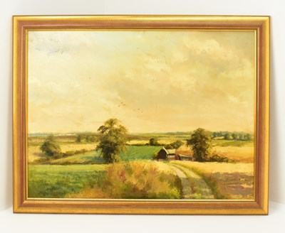 Lot 393 - V. H. HAWTHORN; oil on board, a farmstead in...