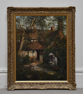 Lot 1778 - J A STEWART; oil on canvas, a maiden washing...