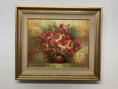 Lot 408 - MONTAGUE; oil on canvas, still life of flowers...