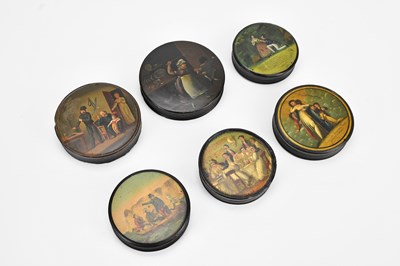 Lot 533 - Six Victorian papier-mâché snuff boxes,...