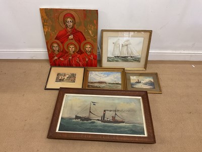 Lot 389 - Six pieces of art work comprising an oil on...