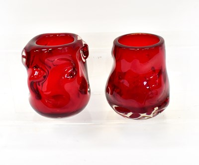 Lot 722 - WHITEFRIARS; a pair of ruby red knobbly vases,...