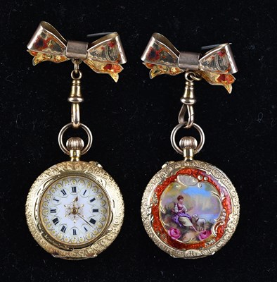 Lot 1014 - A fine 18ct gold and enamel crown wind fob...