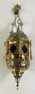 Lot 758 - A brass and coloured glass Moroccan lantern,...