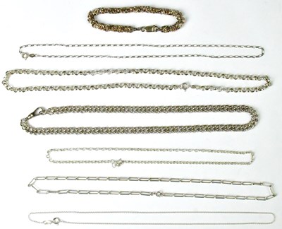 Lot 821 - Five silver chain necklaces, comprising a...