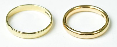 Lot 731 - Two 9ct yellow gold wedding bands, sizes N and...