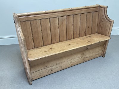 Lot 2005 - A small old pitch pine panelled back pew,...