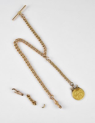 Lot 1011 - A 9ct rose gold Albert chain with T-bar, the T-...