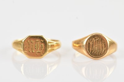 Lot 243 - Two 18ct signet rings with engraved initials,...