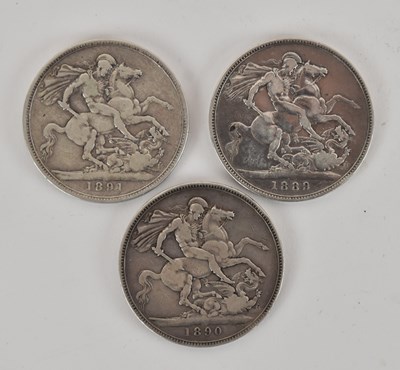 Lot 1598 - Three Victoria silver crowns comprising 1889,...