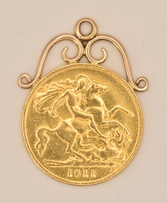 Lot 1377 - A George V half sovereign, 1911, with soldered...